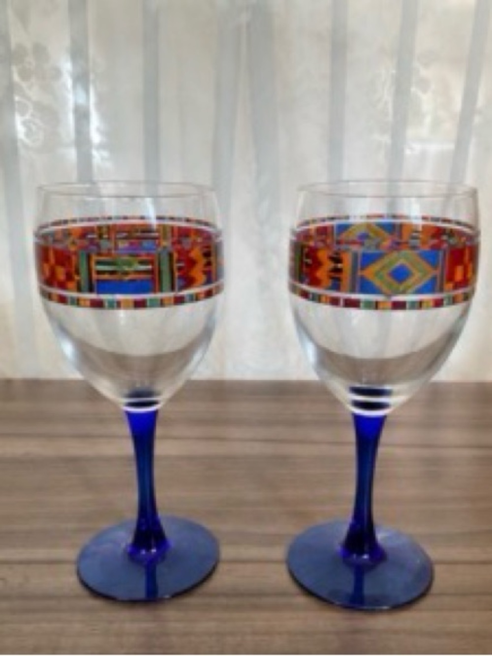 Vintage Avon Kente Water Goblets Cobalt Blue Stem Set of 2 France. Discontinued.
